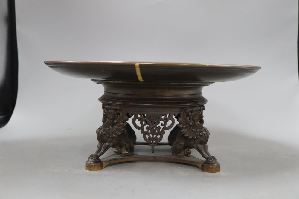 A 19th century bronze centrepiece tazza with griffin supports,